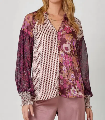 Mystree Mixed Print Long Sleeve Blouse In Mauve In Multi