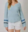 Mystree Mixed Sleeve Henley Sweater In Powder Blue In Blue