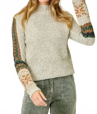 Mystree Mock Neck Fair Isle Cuff Sweater In Beige/green In Gray