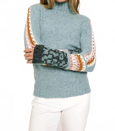 Mystree Mock Neck Leopard Sleeve Sweater In Seafoam In Blue