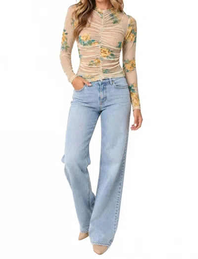 Mystree Mock Neck Ruching Top In Floral In Purple