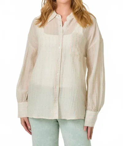 Mystree Oversized Button Up Shirt In Beige Pinstripe & Floral In Neutral