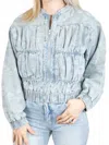 Mystree Paisley Ruched Denim Bomber Jacket In Light Blue In Blue