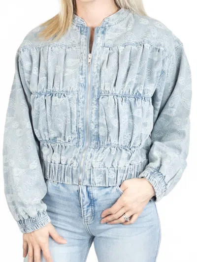 Mystree Paisley Ruched Denim Bomber Jacket In Light Blue
