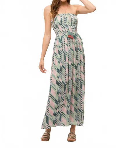 Mystree Palm Tree Vibes Strapless Maxi Dress In Teal/mauve In Multi
