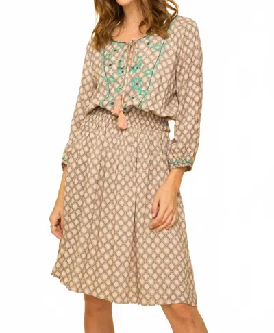 Mystree Peaceful Breeze Embroidered Printed Dress In Taupe/mint In Multi