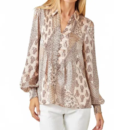 Mystree Pintuck Print Blouse In Sand Mix In Brown