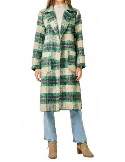 Mystree Plaid Long Coat In Ivory/green In Pink