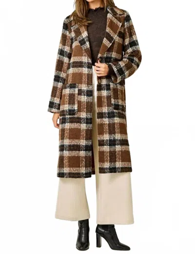 Mystree Plaid Long Coat In Mocha/navy Mix In Multi