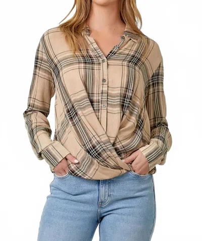 Mystree Plaid Surplice Button Blouse In Taupe In Grey