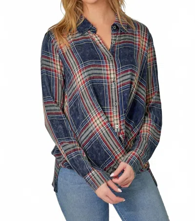 Mystree Plaid Surplice Button Blouse In Washed Navy In Silver