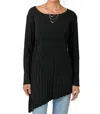 Mystree Pleated Diagonal Cut Tunic Sweater In Black In Black