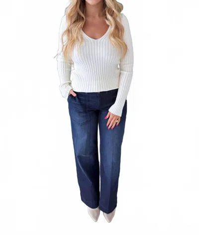 Mystree Plunging V Neck Sweater Top In Ivory In White
