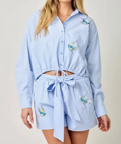 Mystree Poplin Pinstripe Hummingbird Sequin Shirt In Blue And White Stripe In Multi