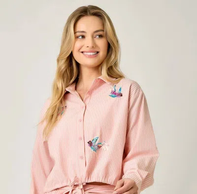 Mystree Poplin Pinstripe Hummingbird Sequin Shirt In Peach And Blue In Pink