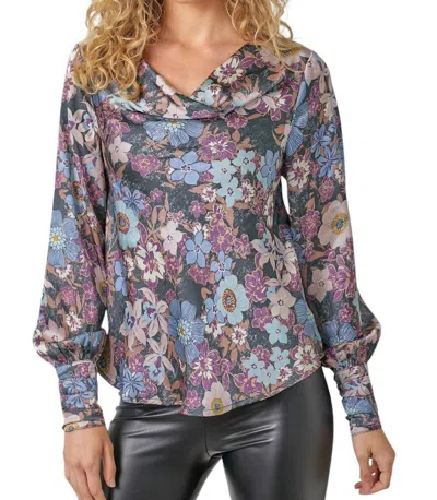 Mystree Printed Cowl Neck Blouse In Navy In Blue