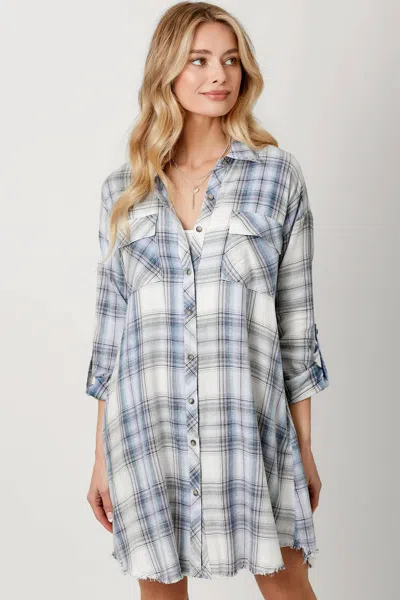 Mystree Rolled Up Sleeve Washed Plaid Dress In Ivory/blue In Gray