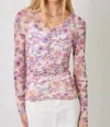 Mystree Ruching Floral Mesh Top In Lavender In Multi