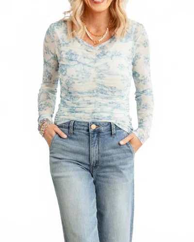 Mystree Ruching Floral Mesh Top In Pale Blue
