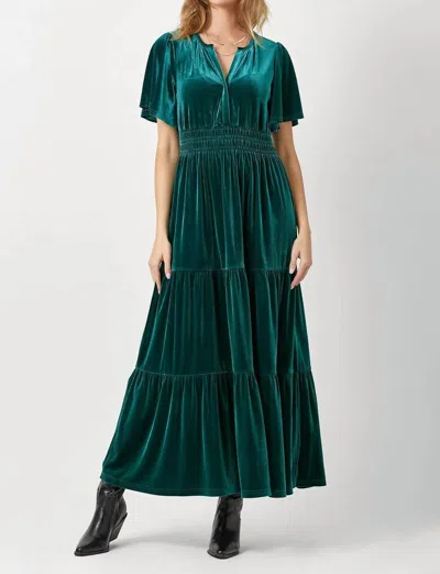 Mystree Ruffled Velvet Maxi Dress In Emerald In Blue