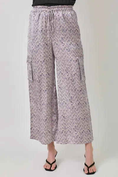 Mystree Satin Printed Wide Leg Cargo Pants In Purple In Gray