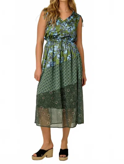 Mystree Shoulder Tie Mixed Print Dress In Deep Emerald In Multi