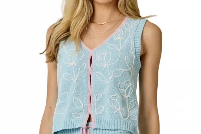 Mystree Sleeveless V Neck Floral Knit Sweater Vest In Blue