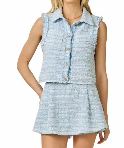 Mystree Spring Fringe Tweed Buttoned Vest And Skort Set In Blue