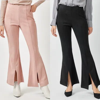 Mystree Suede Flare Front Slit Pants In Pink
