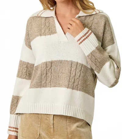 Mystree V-neck Multistripe Collar Sweater With Hi-lo Hem In Ivory/latte
