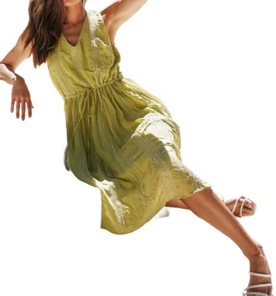 Mystree V-neck Sleeveless Pleated Dress In Yellow Green In Multi