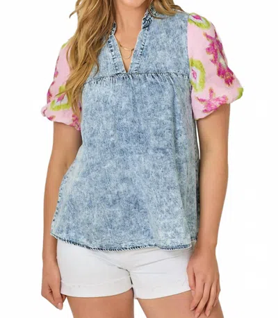 Mystree Washed Mixed Media Peasant Blouse In Denim Blue In Multi