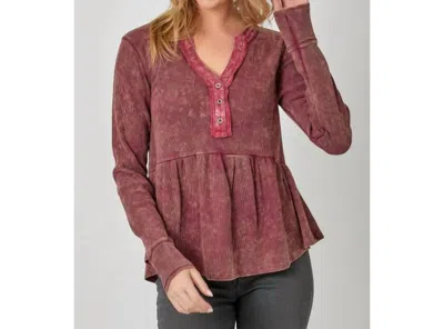 Mystree Washed Thermal Peplum Henley Top In Burgundy In White