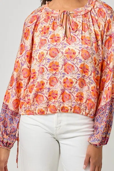 Mystree Women's Border Print Ruffle Top In Oat/orange In Multi