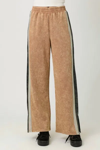 Mystree Women's Mineral Washed Terry Knit Color Block Pants In Washed Honey In Brown