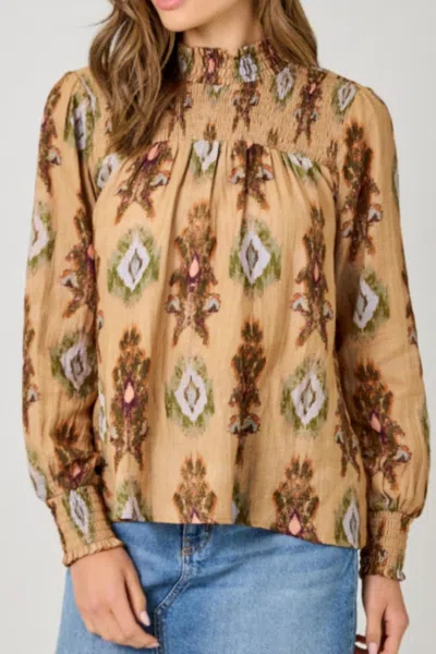 Mystree Women's Smock Yoke Printed Blouse In Latte In Multi