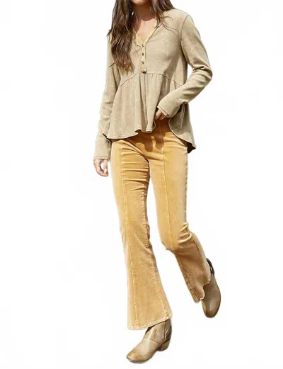 Mystree Women's Washed Thermal Peplum Long Sleeves Top In Green In Brown