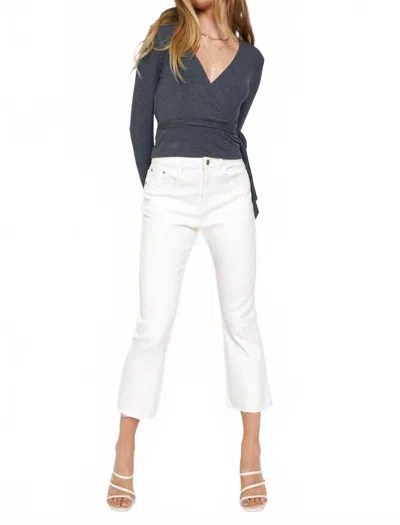 Mystree Wrap Tie Front Long Sleeve Rib Top In Deep Blue In Gray