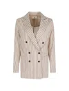 Myths Stripe-pattern Double-breasted Coat In Neutral
