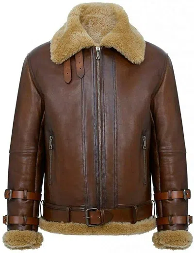 Pre-owned Mz Leather Men's Aviator B3 Wwii Raf Sheepskin Shearling Brown Flight Bomber Leather Jacket