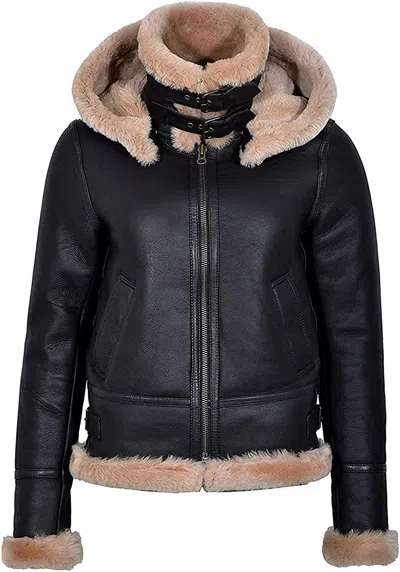 Pre-owned Mz Leather Women's B3 Aviator Hooded Bomber Real Sheepskin Fur Shearling Leather Jacket In Black