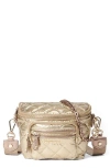 Mz Wallace Micro Crosby Diamond Quilted Nylon Sling Bag In Antique Gold Metallic