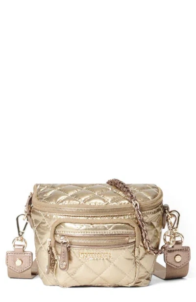 Mz Wallace Micro Crosby Diamond Quilted Nylon Sling Bag In Antique Gold Metallic/gold