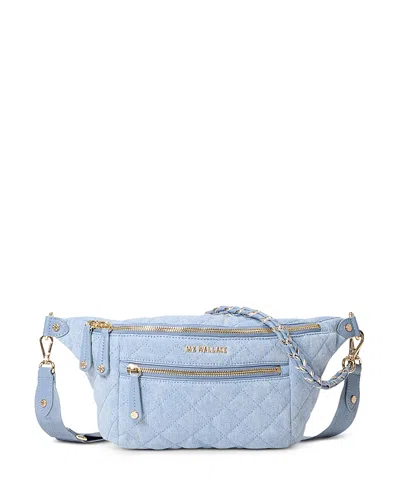 Mz Wallace Crosby Small Quilted Sling Crossbody Bag In Light Denim/silver