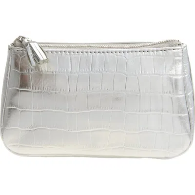 Mz Wallace Small Luna Croc Embossed Metallic Leather Cosmetic Pouch In White