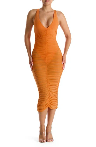 N By Naked Wardrobe Power Mesh Ruched Midi Dress In Deep Orange