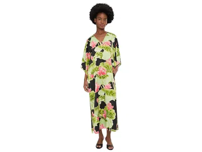 N By Natori Ascendant Lotus Printed Satin Butterfly Caftan In Black