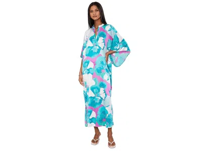 N By Natori Floria Printed Satin Mandarin Butterfly Caftan In Blue