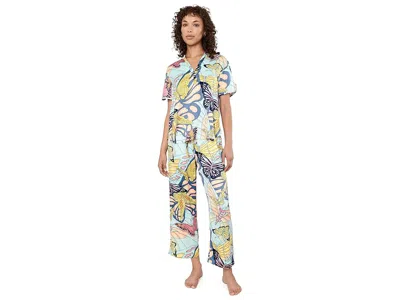 N By Natori Papillon Printed Satin Shortsleeve Mandarin Pajama Set In Blue