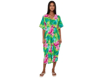 N By Natori Tropic Crinkle Windowpane Caftan In Green